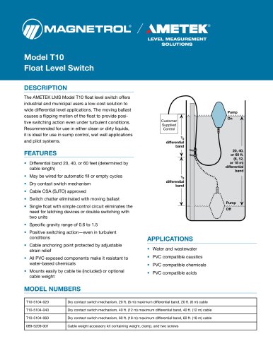 Model T10 Cable Mounted Float Level