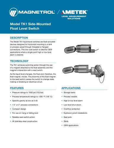Model TK1 Side-Mounted Float Level Switch