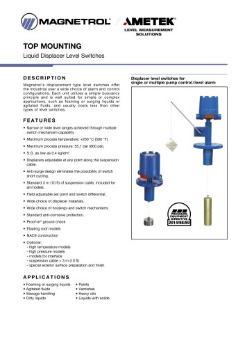 TOP MOUNTING Liquid Displacer Level Switches