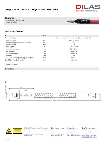 200µm Fiber, NA 0.22, High Power SMA/SMA