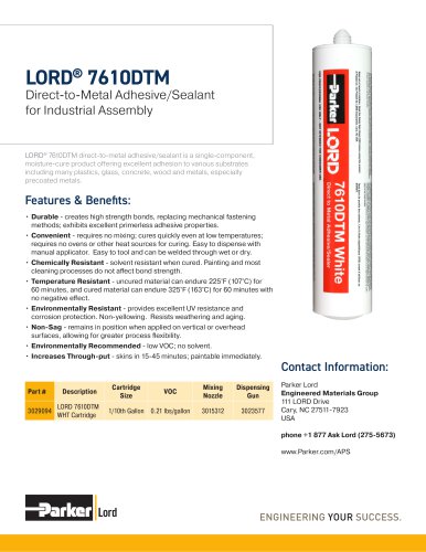 LORD&reg; 7610DTM Direct-to-Metal Adhesive/Sealant   for Industrial Assembly