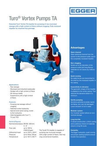 Turo® Vortex Pumps TA  for pumping of raw municipal sewage with a high content of fibers without clogging