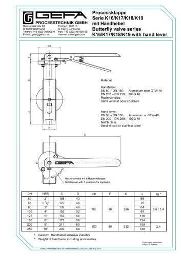 Butterfly valve series K16/K17/K18/K19 with hand lever