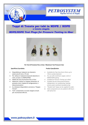 MDPE/HDPE Test Plugs for Pressure Testing to 6bar