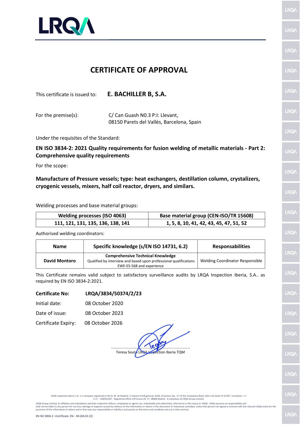 ISO-3834-2 - BACHILLER Mixing & Drying Technology