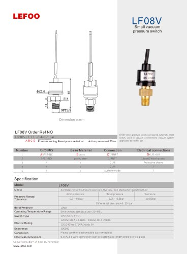 LEFOO PRESSURE SWITCH/ Vacuum/  LF08V/ for RO system/ cooling system/ air conditioning/ safety controls/ LF08-V condensing units/ refrigerator/