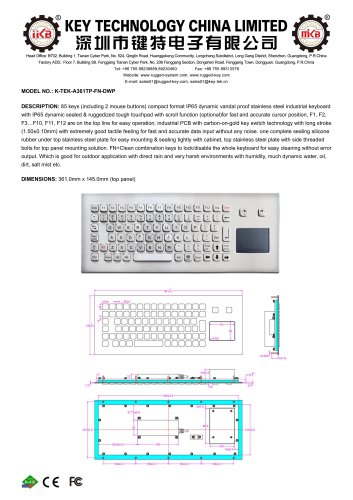 IP65 Waterproof KeyboardK-TEK-A361TP-FN-DWP data sheet
