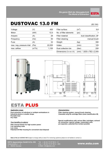 Datasheet DUSTOVAC 13.0