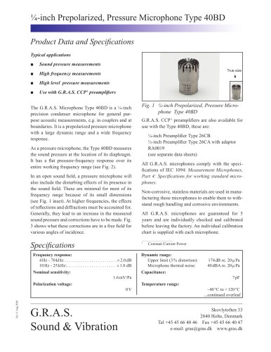 ¼-inch Prepolarized, Pressure Microphone Type 40BD