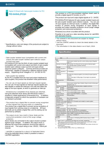 PCI bus 64ch/64ch Digital I/O card (isolated 12 to 24VDC), PIO-64/64L(PCI)H