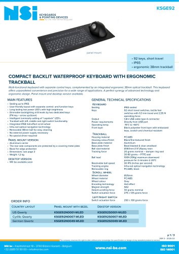 Compact backlit waterproof keyboard with E38 ergonomic trackball - Panel mount