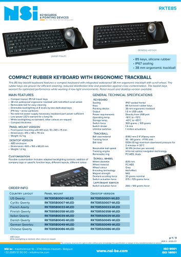 Compact silicone rubber keyboard with ergonomic trackball - Panel mount