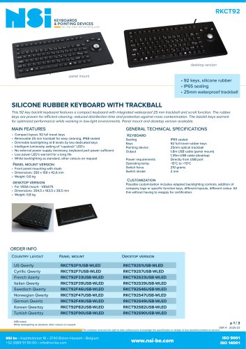 Silicone rubber keyboard with trackball - Panel mount