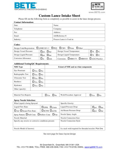 Custom Lance Intake Sheet