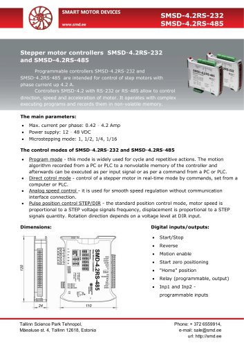 Programmable stepper motor controllers SMSD‑4.2RS-232 and SMSD-4.2RS-485