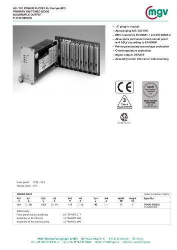 AC / DC POWER SUPPLY for CompactPCI PRIMARY SWITCHED MODE QUADRUPLE OUTPUT P 4180 SERIES