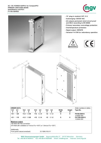 AC / DC POWER SUPPLY for CompactPCI PRIMARY SWITCHED MODE QUADRUPLE OUTPUT P 4190 SERIES