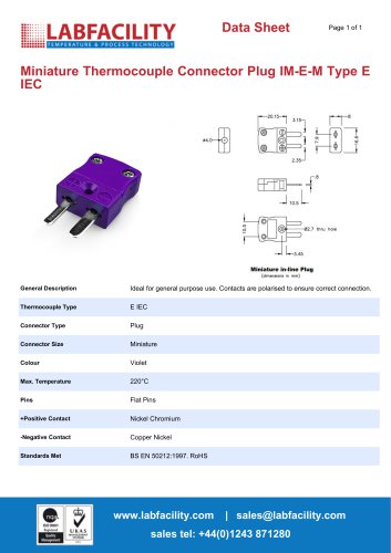 Miniature Thermocouple Connector Plug IM-E-M Type E IEC