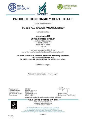 PRODUCT CONFORMITY CERTIFICATE - airTOXIC EN14662-3-2015 QAL1