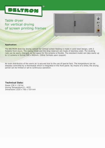 Table dryer for vertical drying of screen printing frames