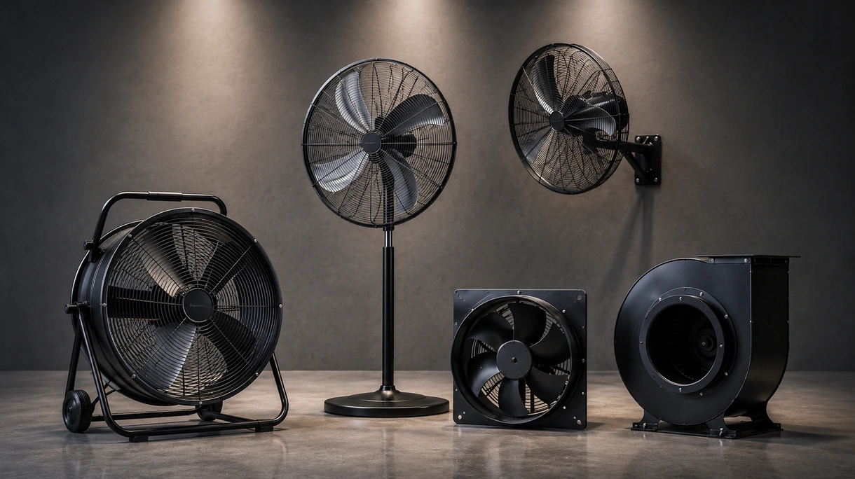 Grande ventilador industrial centrífugo instalado num sistema de ventilação fabril com condutas de aço reforçado e fixação segura ao pavimento.