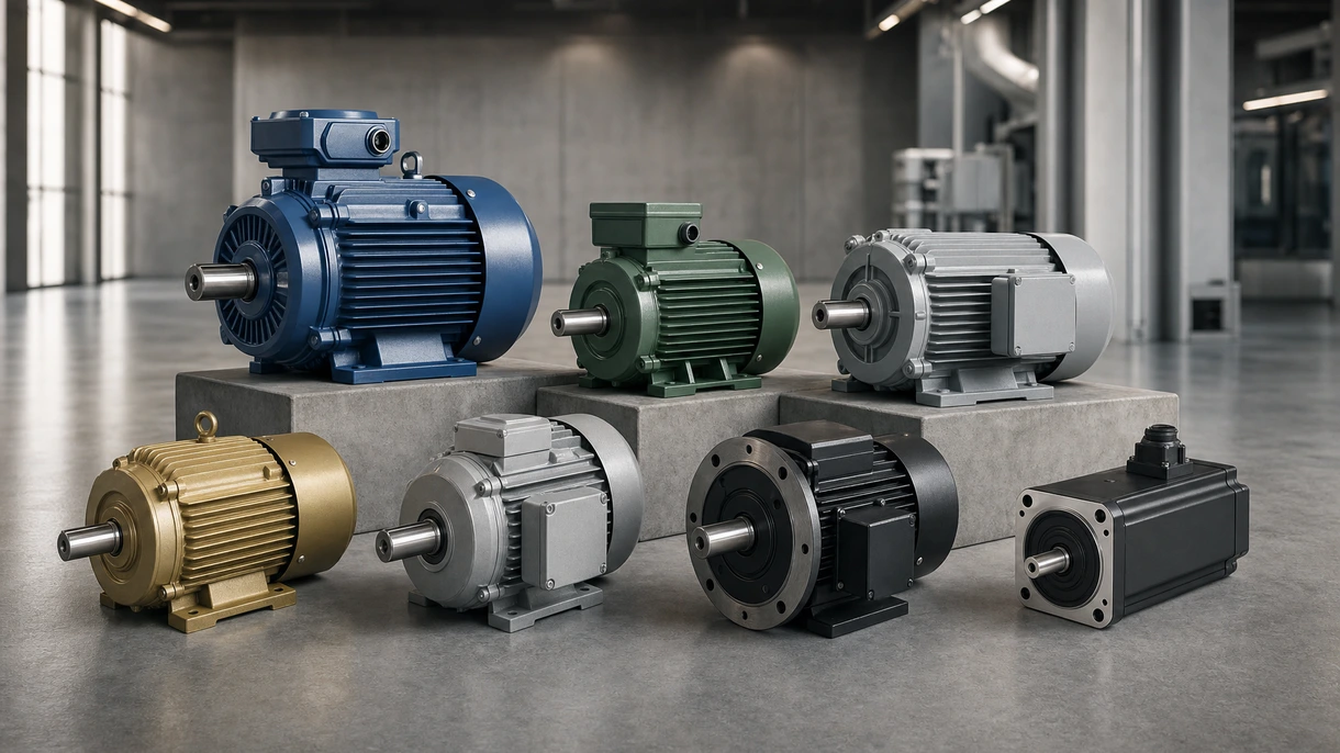 Motor CA industrial a acionar um sistema de correia transportadora num armazém logístico automatizado moderno para movimentação de materiais pesados.