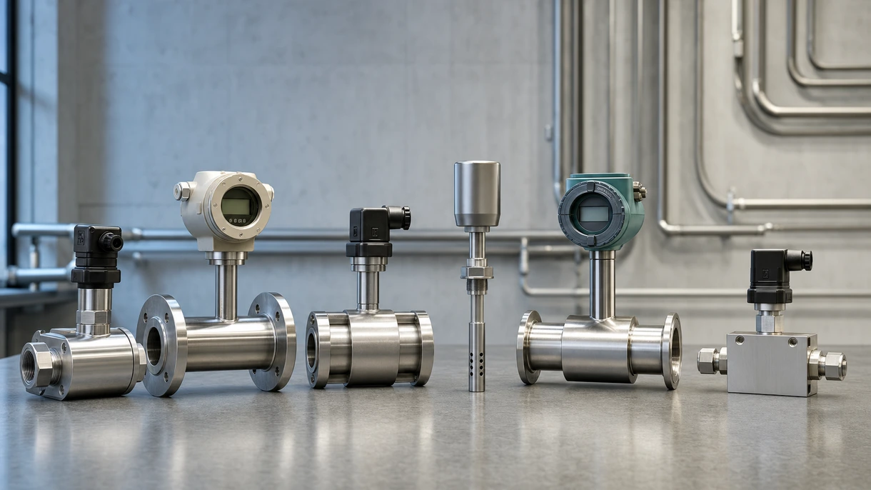 Medidor de vazão de massa Coriolis industrial instalado numa tubagem de aço inoxidável num ambiente de produção de uma fábrica de processamento químico.