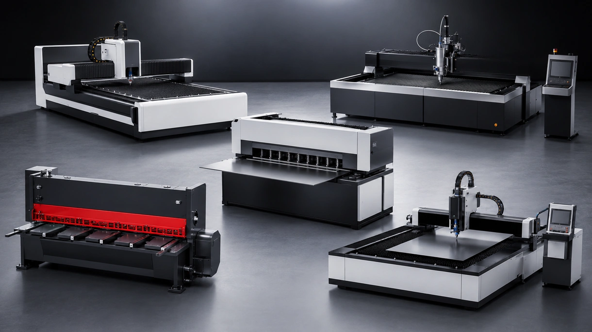 Máquina de corte por laser de fibra industrial a processar uma grande chapa de aço inoxidável numa unidade de fabrico de alta tecnologia.