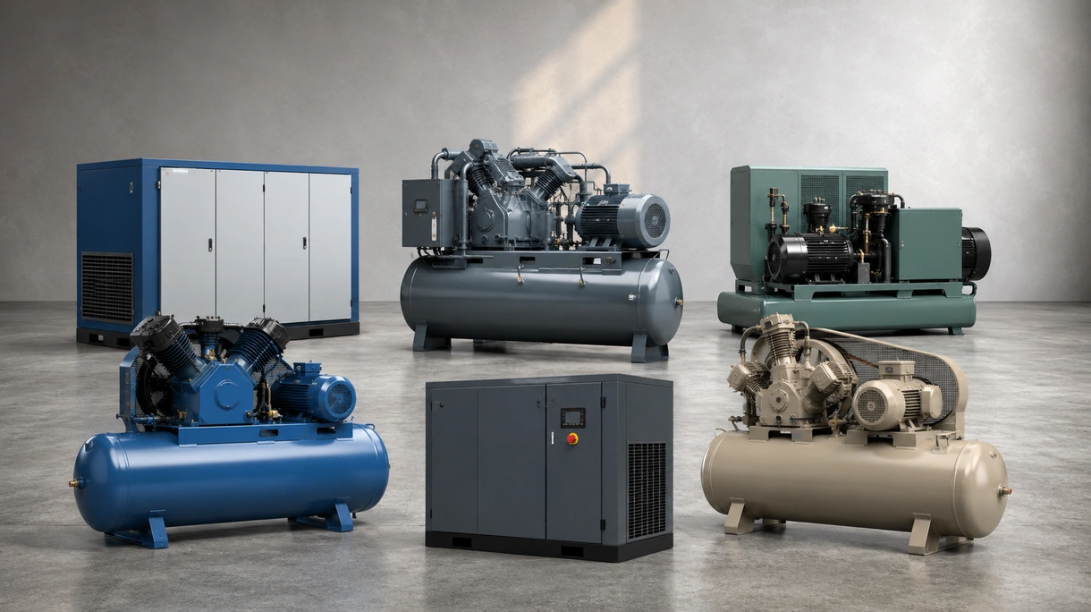 Compressor de parafuso rotativo industrial instalado numa unidade de fabrico limpa, alimentando linhas de produção automatizadas e ferramentas pneumáticas.