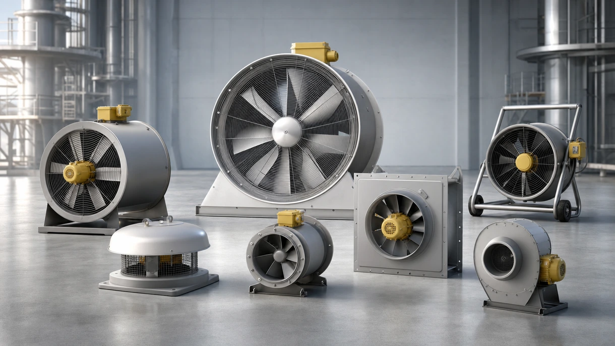 Ventilador axial industrial antideflagrante instalado numa unidade de processamento químico para extração de vapores perigosos e gestão da segurança no local de trabalho.
