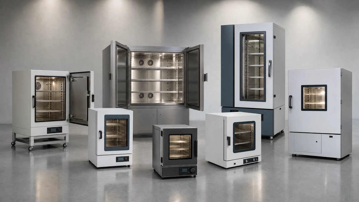 Forno de câmara industrial numa fábrica com um técnico a carregar componentes de aço para processamento de tratamento térmico profissional.