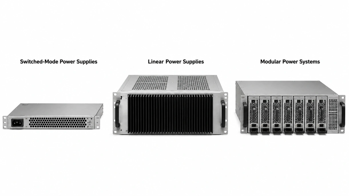 Vista aproximada da placa de circuito interno e ventoinha de arrefecimento de uma unidade de fonte de alimentação elétrica para montagem em rack industrial modular.