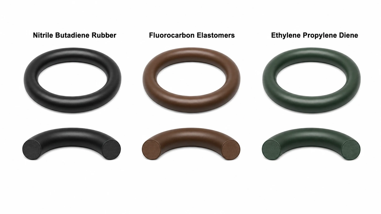 Vista técnica macro de um anel O-ring de fluorocarbono, mostrando o acabamento superficial e o perfil da secção transversal para aplicações de potência fluida de alta pressão.
