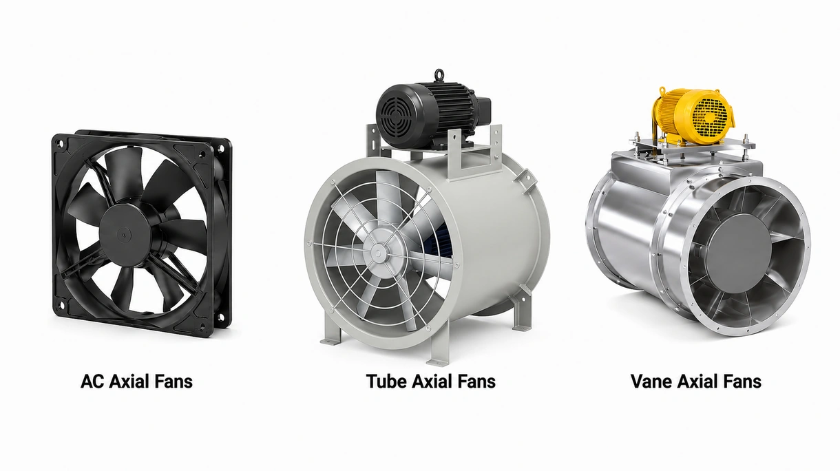 Vista detalhada das pás aerodinâmicas de um ventilador industrial e da carcaça de proteção, demonstrando engenharia de precisão e construção com materiais robustos.