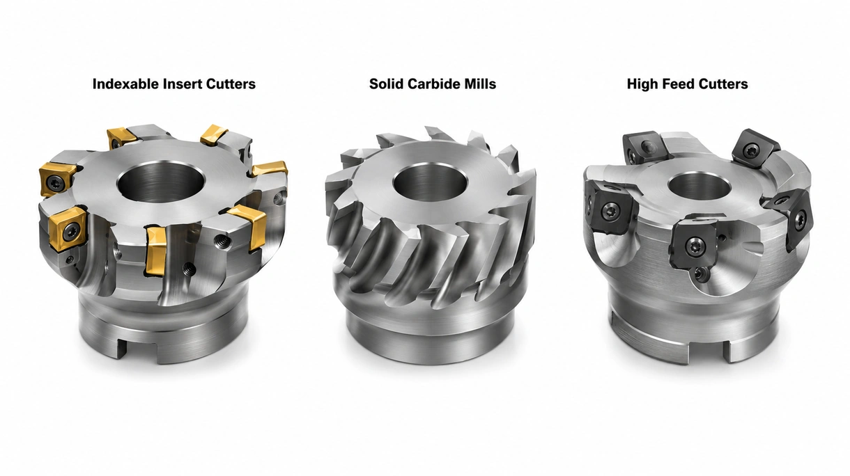 Grande plano de uma fresa de faceamento intercambiável, mostrando pastilhas de metal duro fixadas com parafusos Torx no corpo da ferramenta em aço.