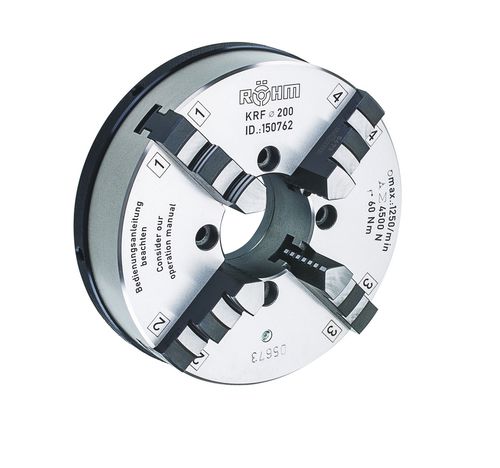 Placa de torno de fixação manual - KRF - RÖHM GmbH - com 4 castanhas / com centro furado / para peças a usinar