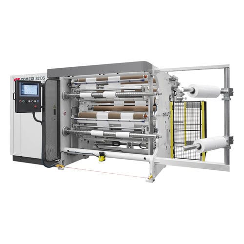 Rebobinadeira-cortadeira longitudinal compacta - S2 DS - Comexi Group Industries - para filme estirável / rápida / de rolos